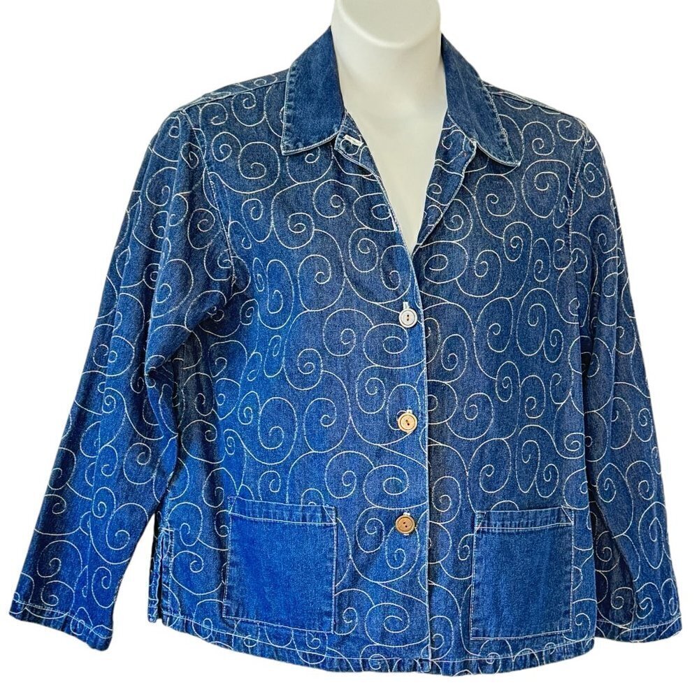 CMC Color Me Cotton Chambray Jacket White Embroidery Cottage Coastal Women Large